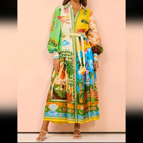 Green and Yellow Long Sleeve Resort Sundress - Picture 2 of 6